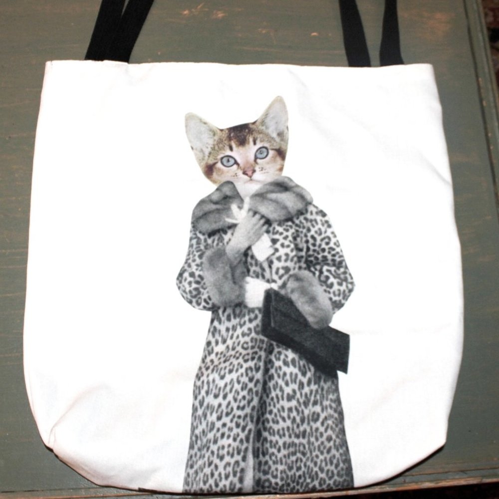 Fancy Cat Tote with Linen Interior NWOT